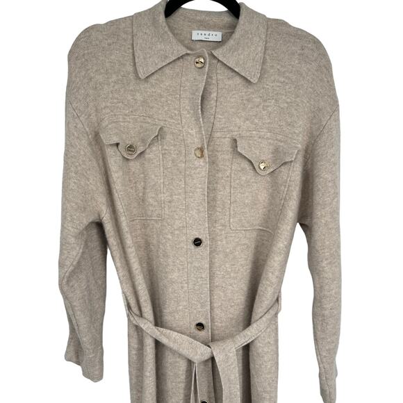 Sandro Hedwige Long Sleeve Button Down Sweater Shirt Dress Beige Size 1 - Picture 5 of 8
